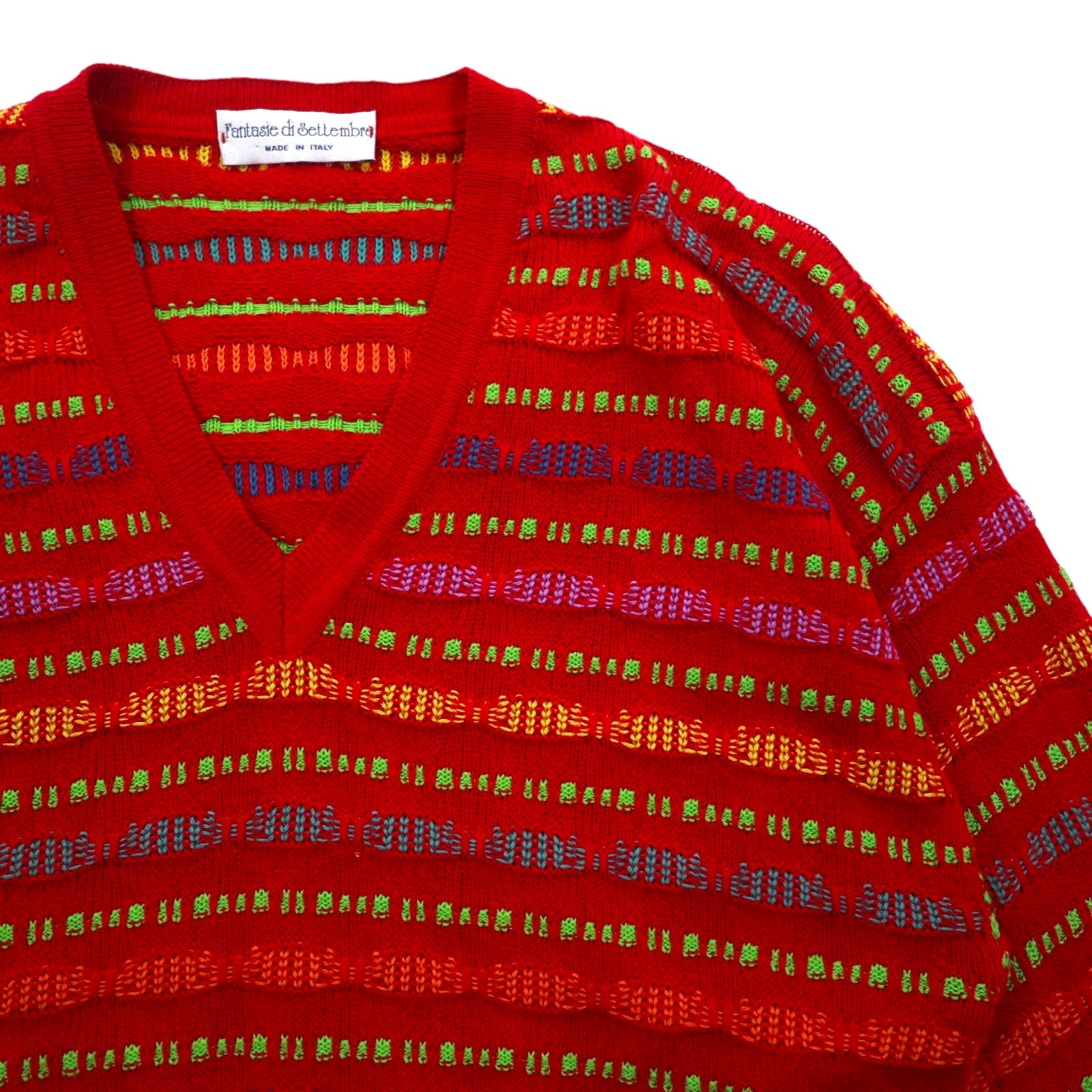 Fantasie di Settembre Made in Italy Anni '90 Scollo a V Maglione in maglia 3D L Rosso Fantasia a righe