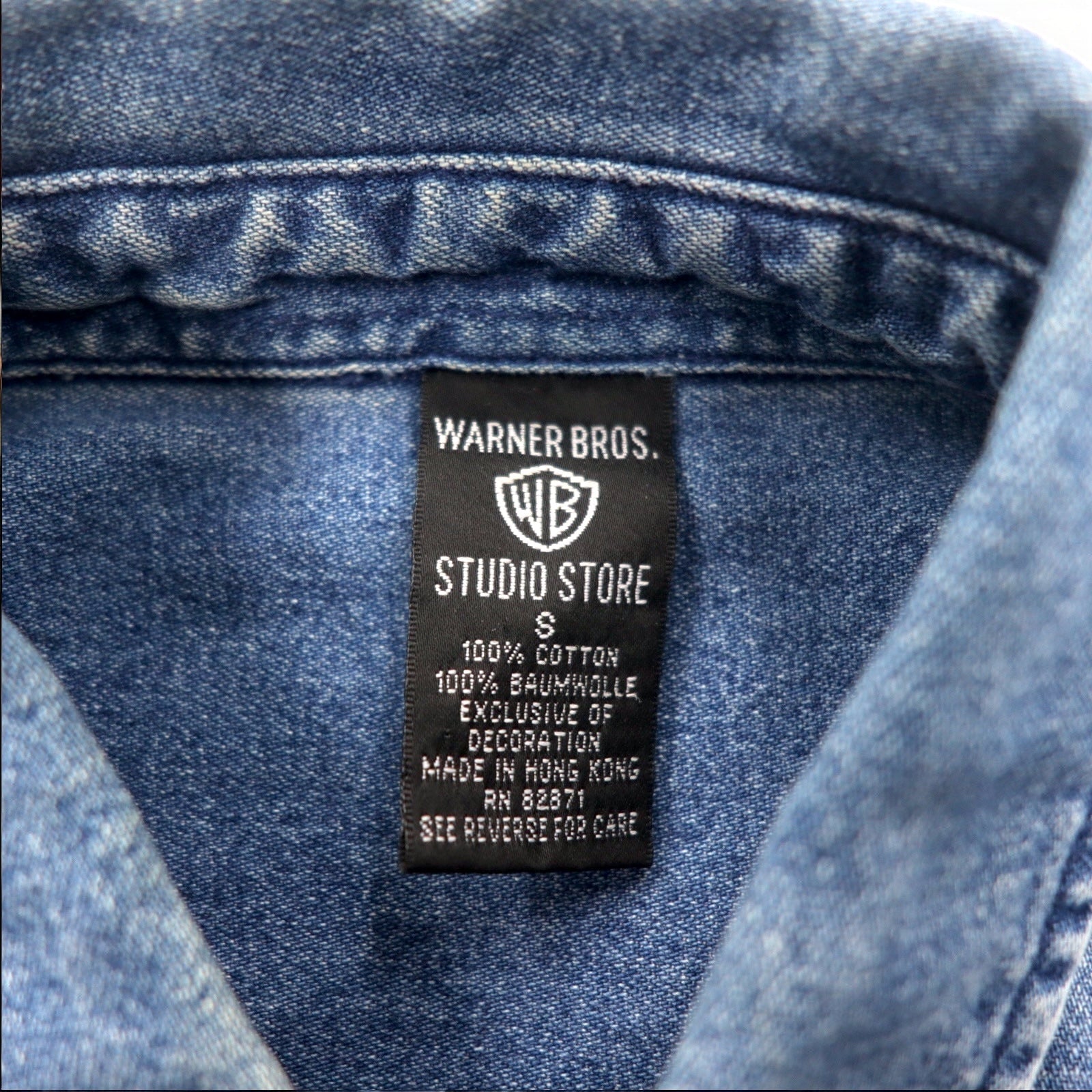 WARNER BROS. Anni '90 Camicia di Jeans Abbottonata Taglia Forte S Blu con Ricami di Personaggi LOONEY TUNES