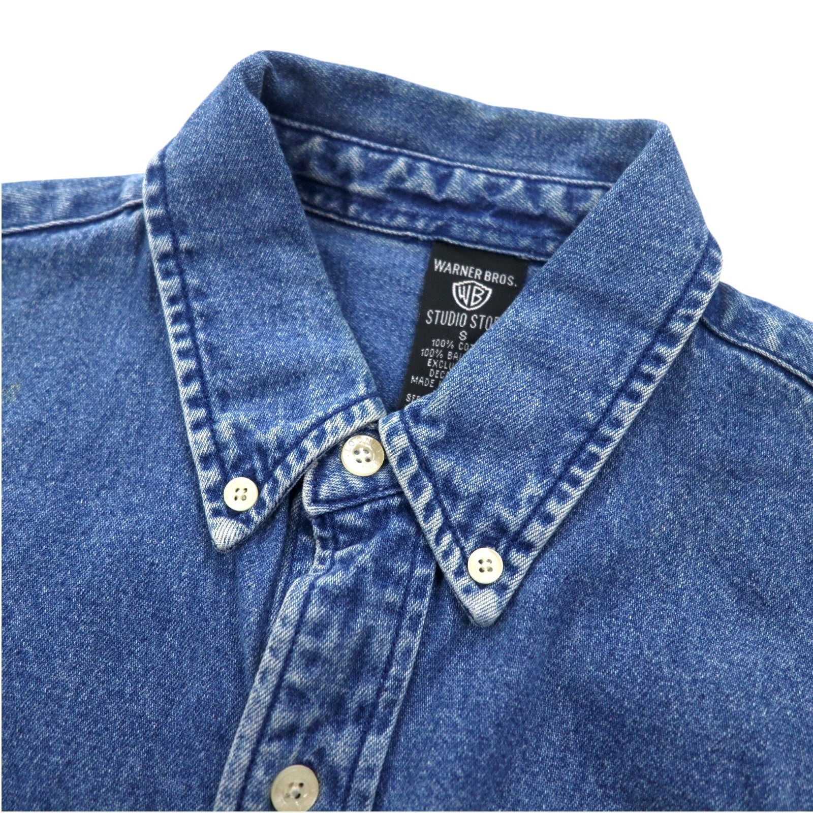 WARNER BROS. Anni '90 Camicia di Jeans Abbottonata Taglia Forte S Blu con Ricami di Personaggi LOONEY TUNES