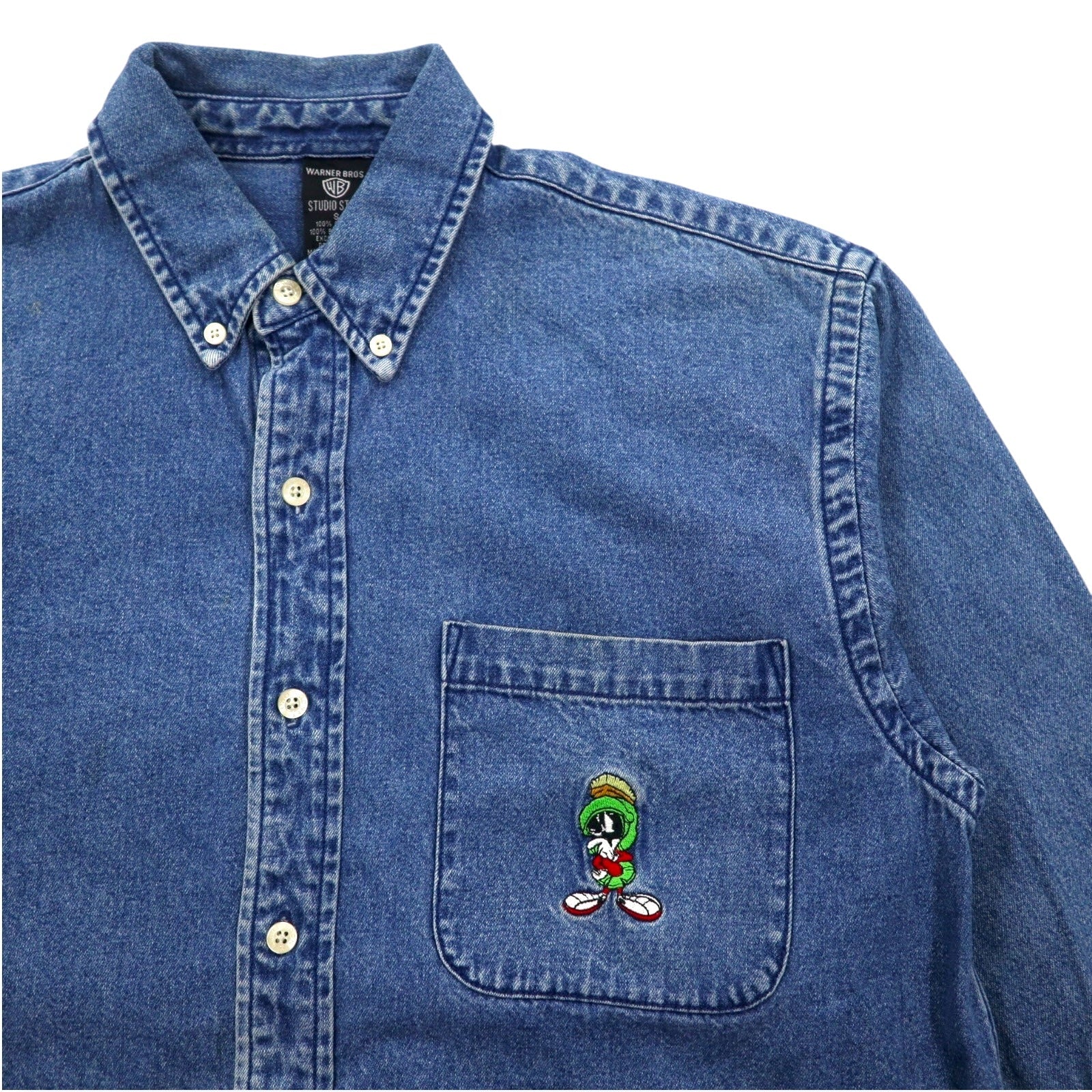 WARNER BROS. Anni '90 Camicia di Jeans Abbottonata Taglia Forte S Blu con Ricami di Personaggi LOONEY TUNES
