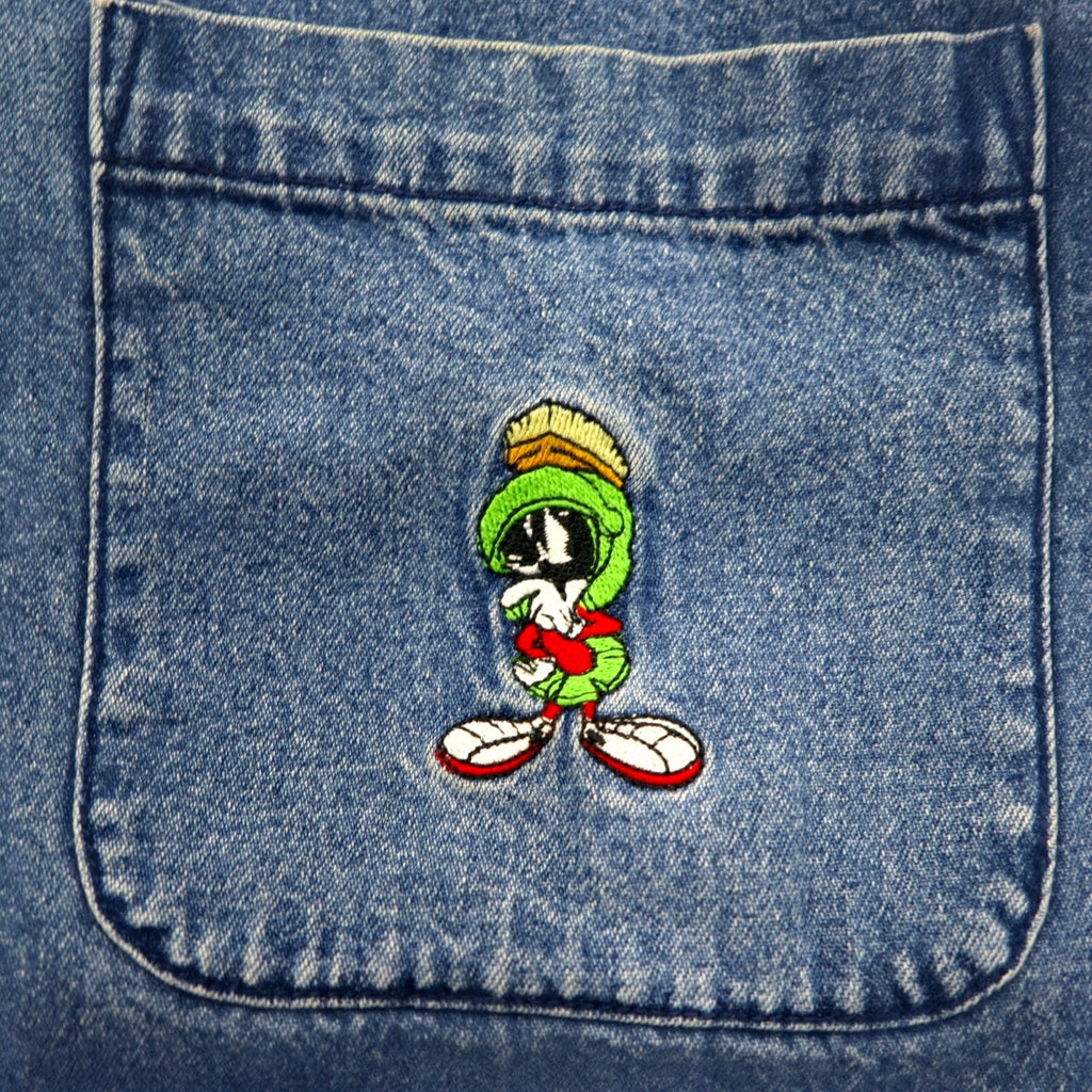 WARNER BROS. 90年代 ビッグサイズ デニム ボタンダウンシャツ S ブルー LOONEY TUNES キャラクター刺繍