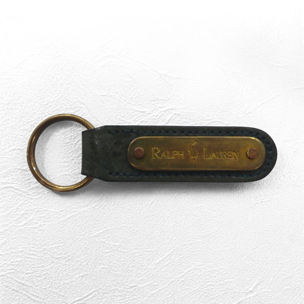 RALPH LAUREN Portachiavi in pelle, colore kaki, con placchetta in metallo, made in USA, nuovo