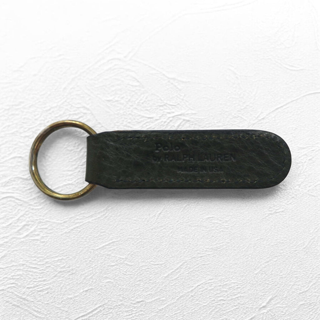 RALPH LAUREN Portachiavi in pelle, colore kaki, con placchetta in metallo, made in USA, nuovo