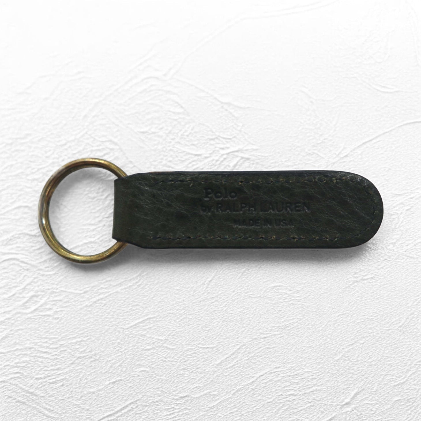 RALPH LAUREN Portachiavi in pelle, colore kaki, con placchetta in metallo, made in USA, nuovo