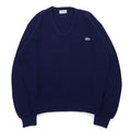 IZOD LACOSTE anni '70 maglione in maglia acrilica con etichetta "thread reel" scollo a V blu navy taglia L logo ricamato