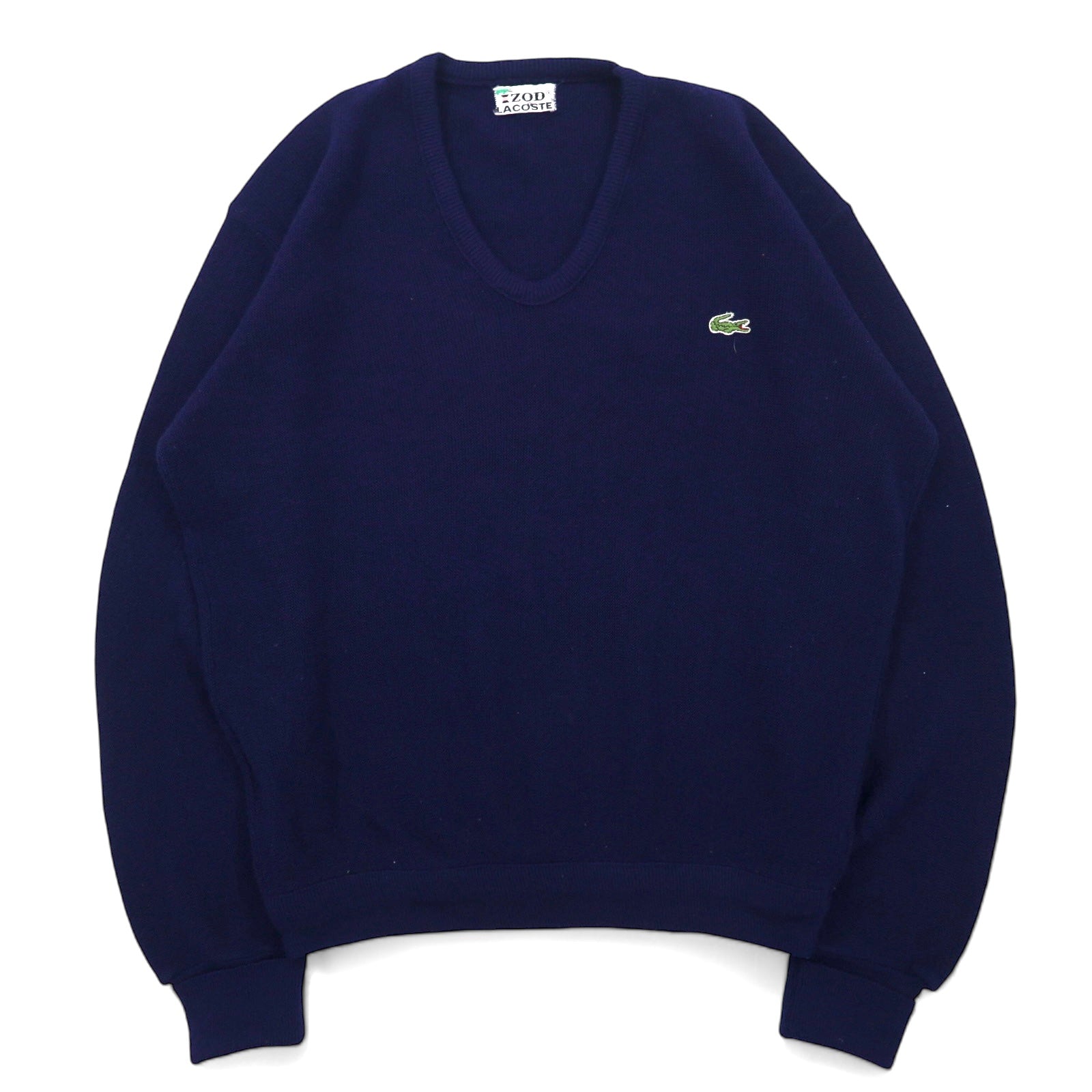 IZOD LACOSTE anni '70 maglione in maglia acrilica con etichetta "thread reel" scollo a V blu navy taglia L logo ricamato