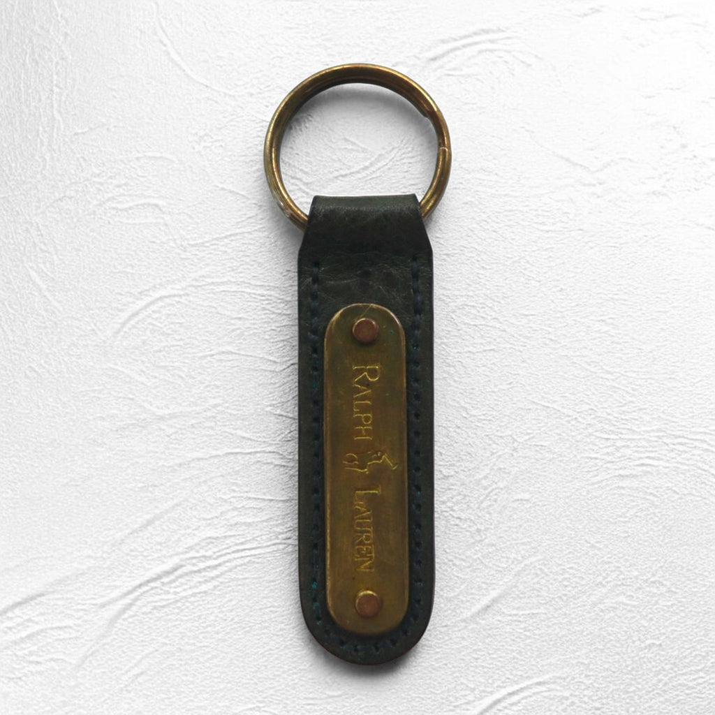 RALPH LAUREN Portachiavi in pelle, colore kaki, con placchetta in metallo, made in USA, nuovo
