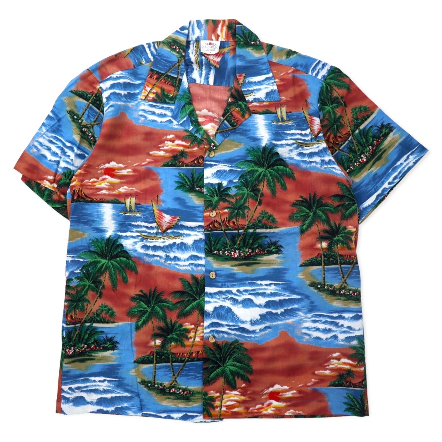 ALOHA REPUBLIC Camicia hawaiana collo aperto M blu cotone fantasia hawaiana (USA)