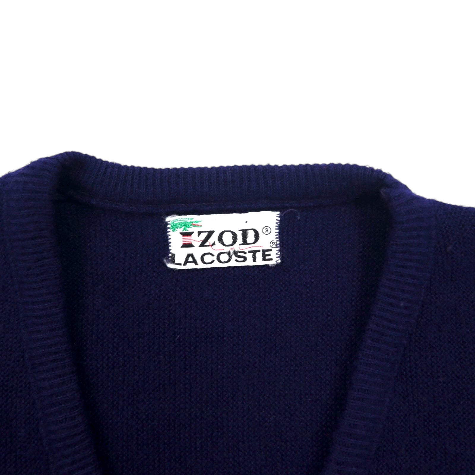 IZOD LACOSTE anni '70 maglione in maglia acrilica con etichetta "thread reel" scollo a V blu navy taglia L logo ricamato