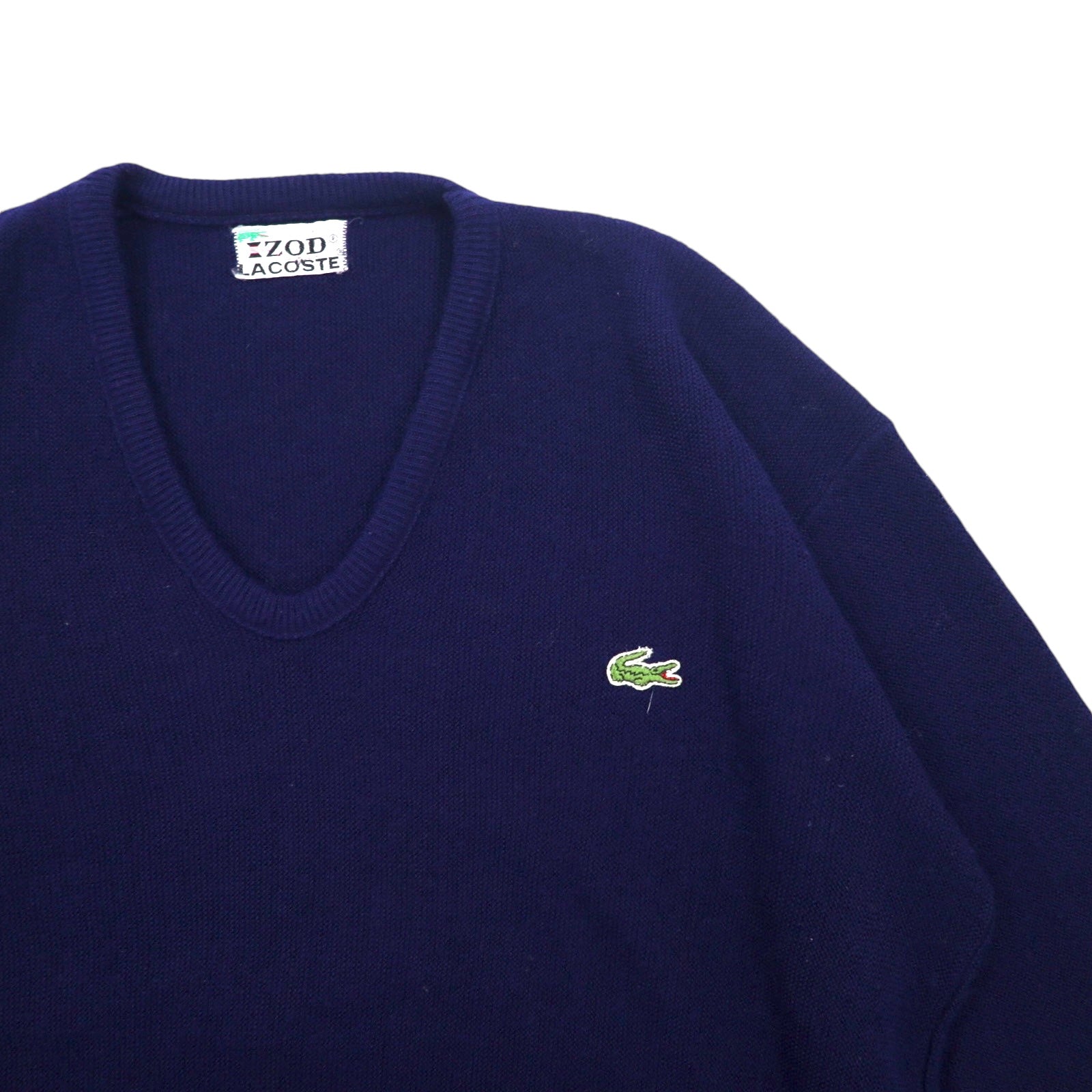 IZOD LACOSTE anni '70 maglione in maglia acrilica con etichetta "thread reel" scollo a V blu navy taglia L logo ricamato