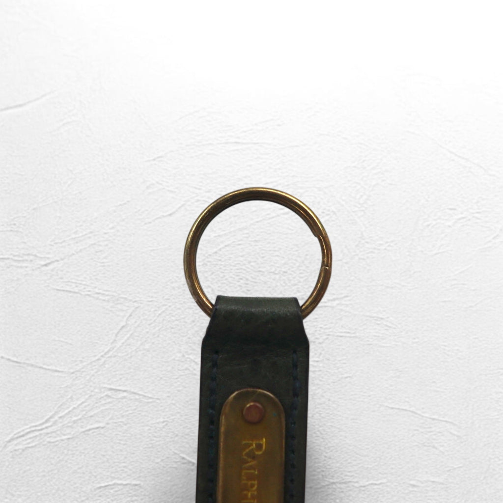RALPH LAUREN Portachiavi in pelle, colore kaki, con placchetta in metallo, made in USA, nuovo