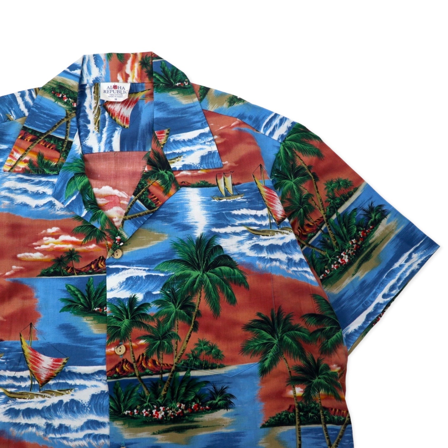ALOHA REPUBLIC Camicia hawaiana collo aperto M blu cotone fantasia hawaiana (USA)