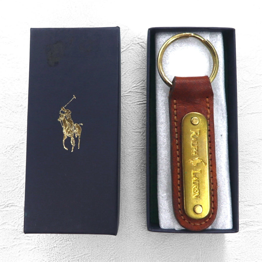 RALPH LAUREN USA Portachiavi in pelle marrone con placca in metallo, mai usato