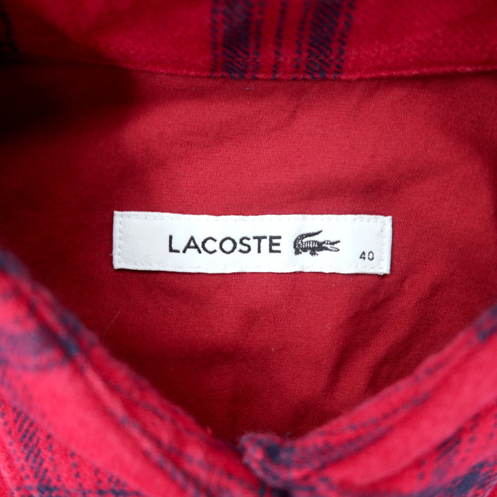 LACOSTE シャツワンピース ガウン 長袖チェックシャツドレス 40 レッド チェック コットン EF804E
