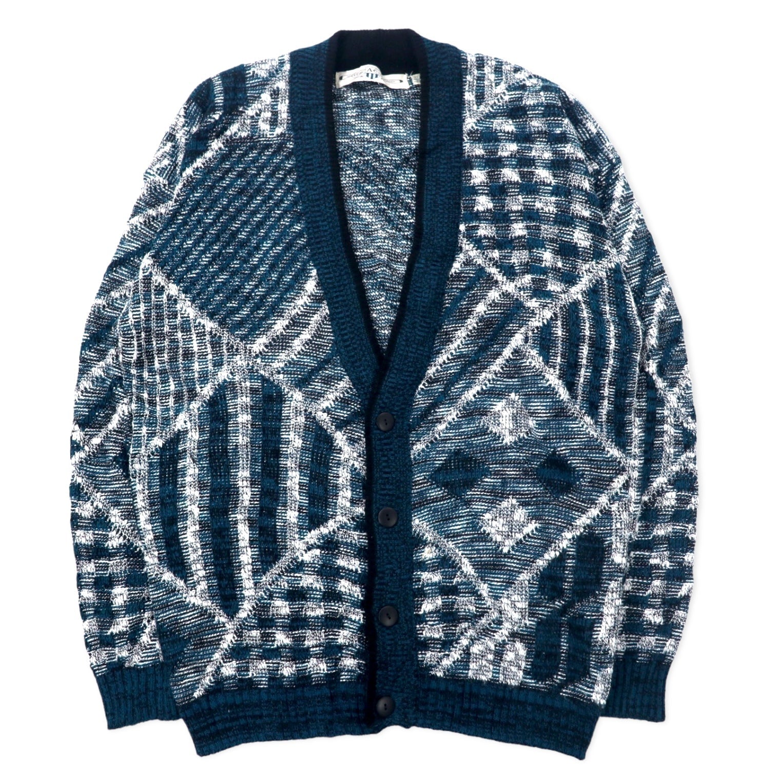 AMERICAN CRUSADER anni '90 Cardigan in maglia jacquard, XL, blu navy, fantasia all-over, acrilico