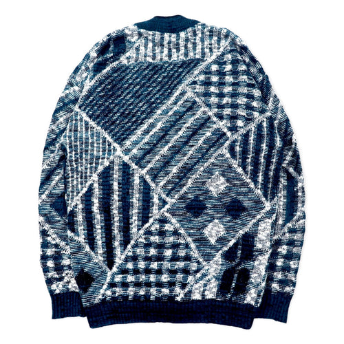 AMERICAN CRUSADER anni '90 Cardigan in maglia jacquard, XL, blu navy, fantasia all-over, acrilico