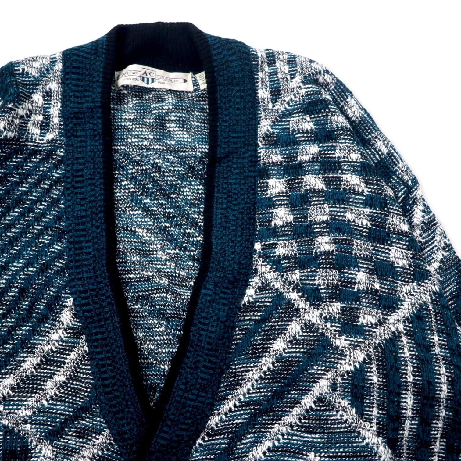 AMERICAN CRUSADER anni '90 Cardigan in maglia jacquard, XL, blu navy, fantasia all-over, acrilico