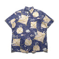 Reyn Spooner anni '90, made in Hawaii, etichetta bikini, pullover, maniche corte, button-down, camicia hawaiana M, blu, cotone, motivo pesce