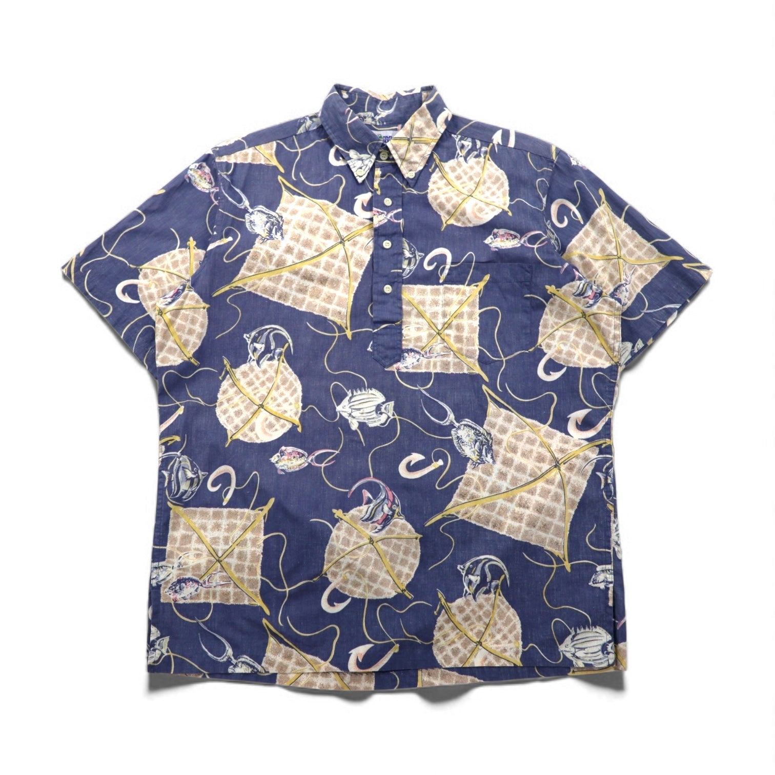 Reyn Spooner anni '90, made in Hawaii, etichetta bikini, pullover, maniche corte, button-down, camicia hawaiana M, blu, cotone, motivo pesce