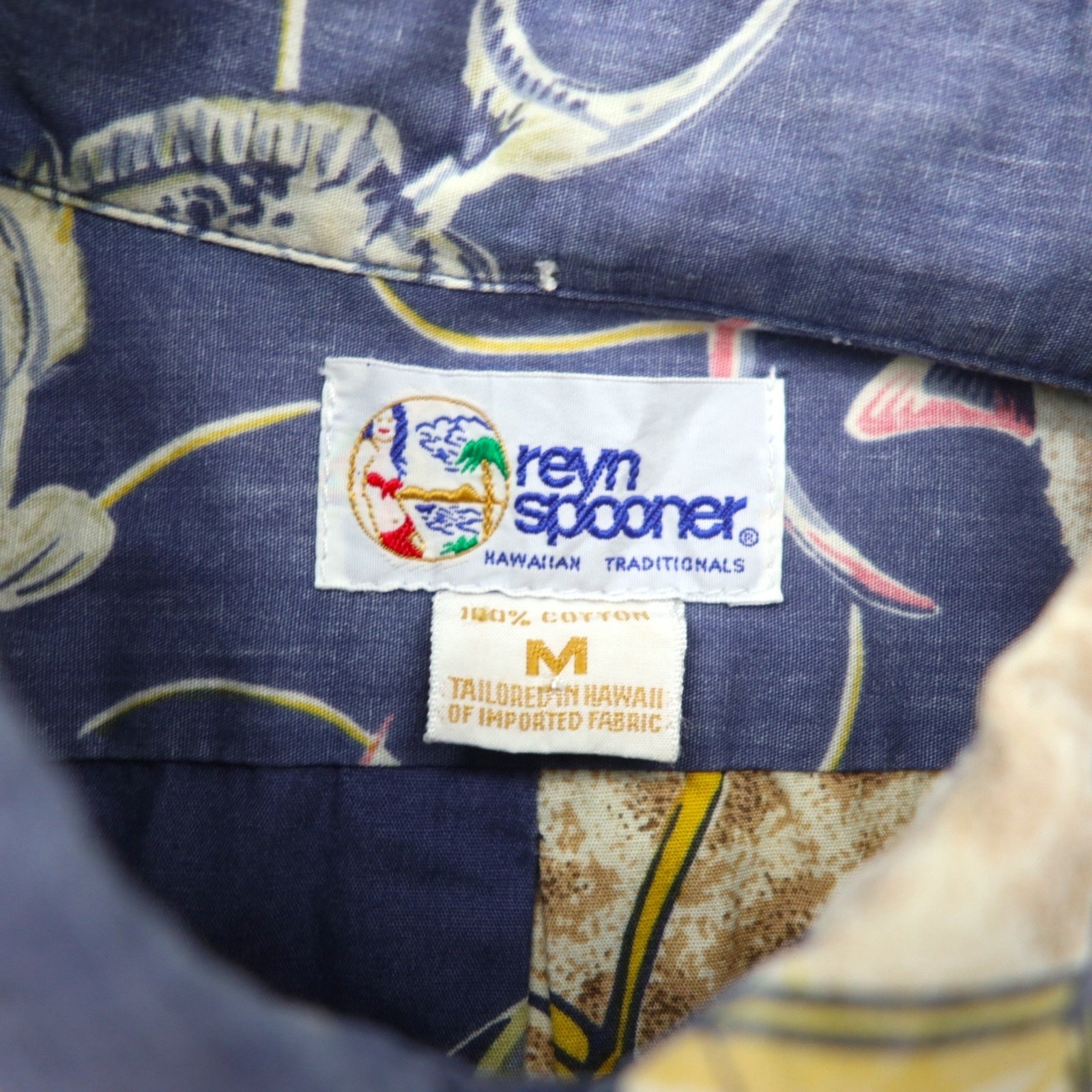 Reyn Spooner anni '90, made in Hawaii, etichetta bikini, pullover, maniche corte, button-down, camicia hawaiana M, blu, cotone, motivo pesce