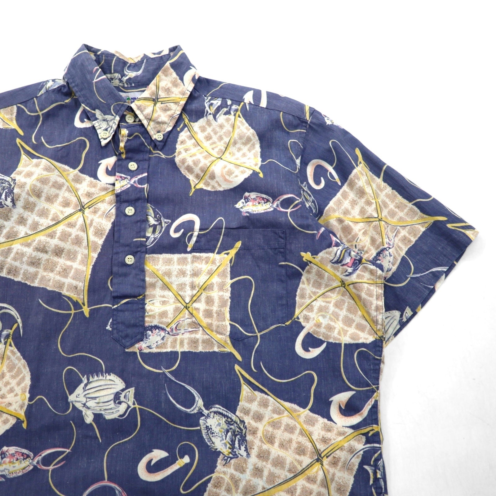 Reyn Spooner anni '90, made in Hawaii, etichetta bikini, pullover, maniche corte, button-down, camicia hawaiana M, blu, cotone, motivo pesce