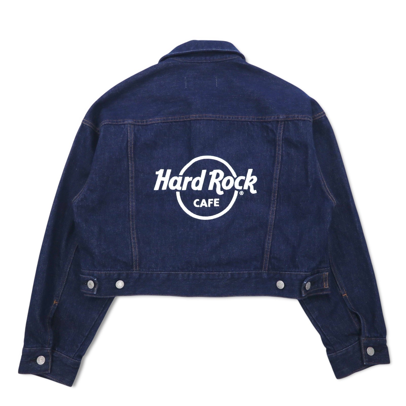 Hard Rock Cafe by NAVE Giacca di jeans crop con logo, taglia S, blu indaco, ricamo logo posteriore, Onward Kashiyama, Nuovo con etichette
