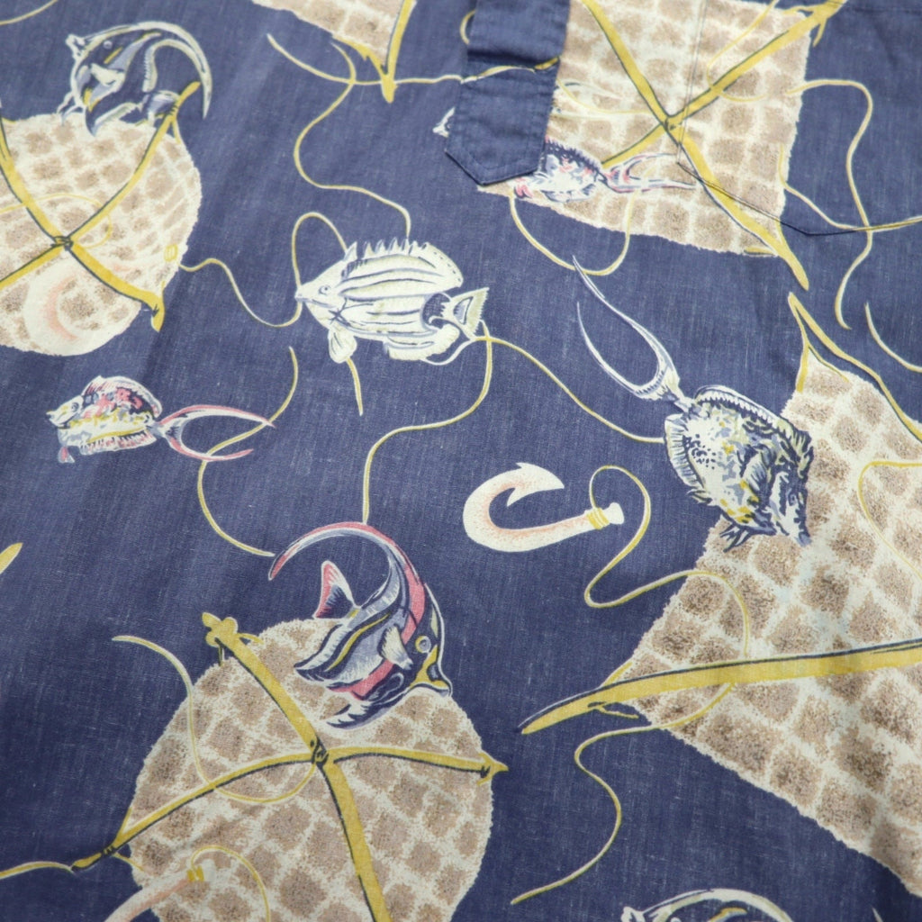 Reyn Spooner anni '90, made in Hawaii, etichetta bikini, pullover, maniche corte, button-down, camicia hawaiana M, blu, cotone, motivo pesce