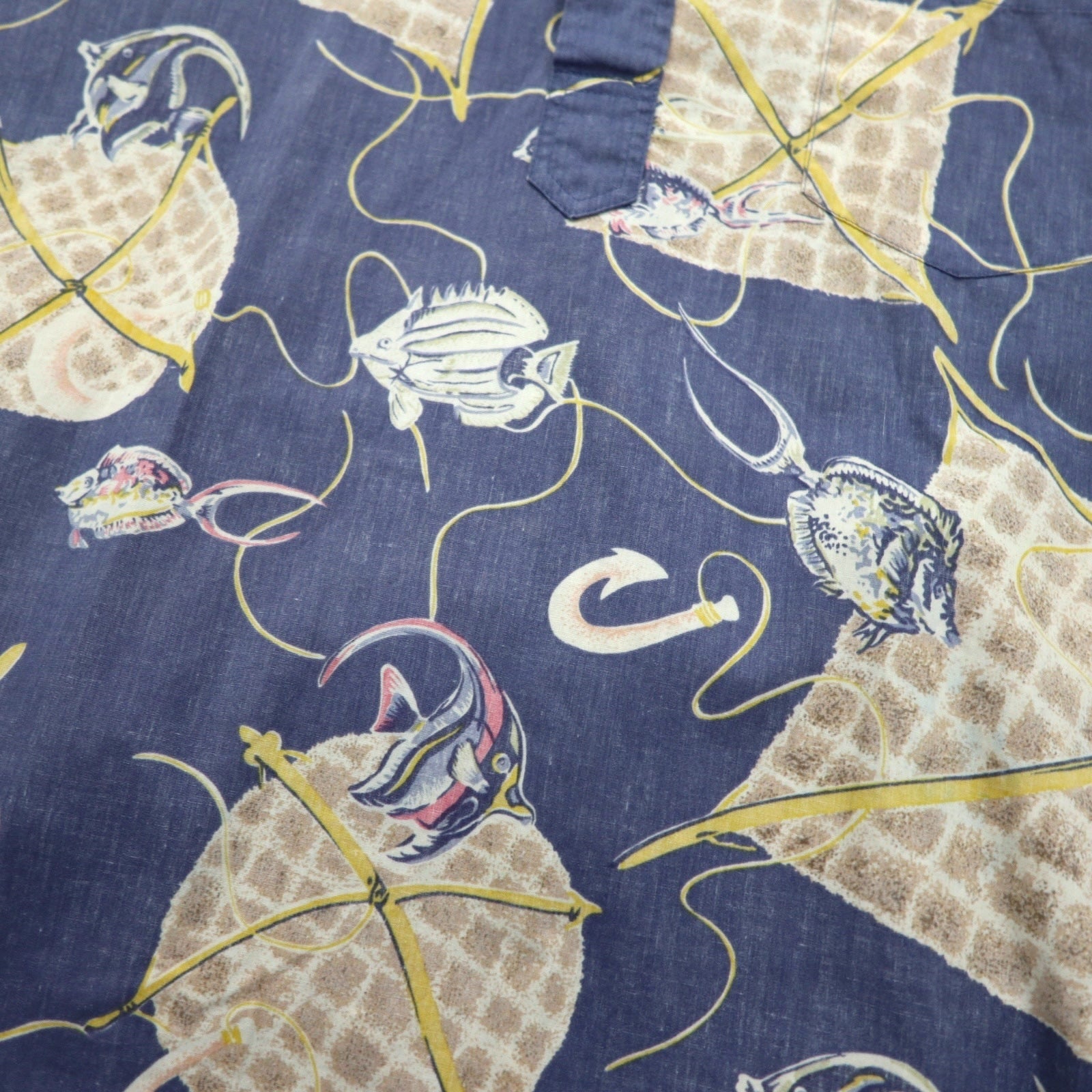 Reyn Spooner anni '90, made in Hawaii, etichetta bikini, pullover, maniche corte, button-down, camicia hawaiana M, blu, cotone, motivo pesce