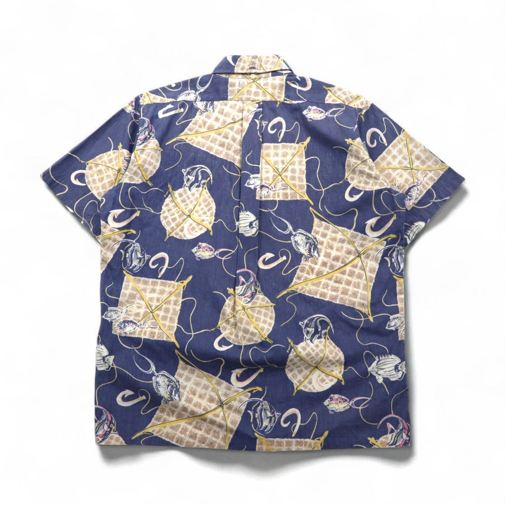 Reyn Spooner anni '90, made in Hawaii, etichetta bikini, pullover, maniche corte, button-down, camicia hawaiana M, blu, cotone, motivo pesce