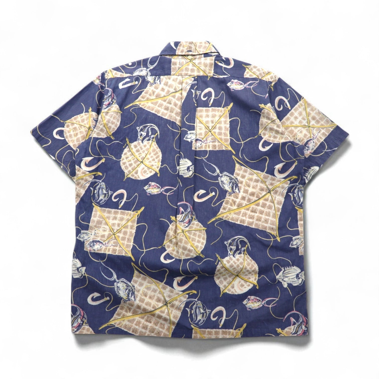 Reyn Spooner anni '90, made in Hawaii, etichetta bikini, pullover, maniche corte, button-down, camicia hawaiana M, blu, cotone, motivo pesce