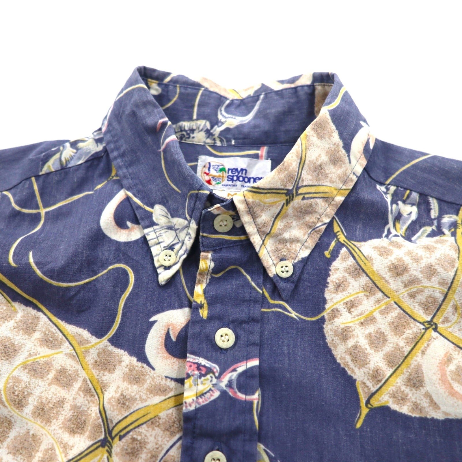 Reyn Spooner anni '90, made in Hawaii, etichetta bikini, pullover, maniche corte, button-down, camicia hawaiana M, blu, cotone, motivo pesce
