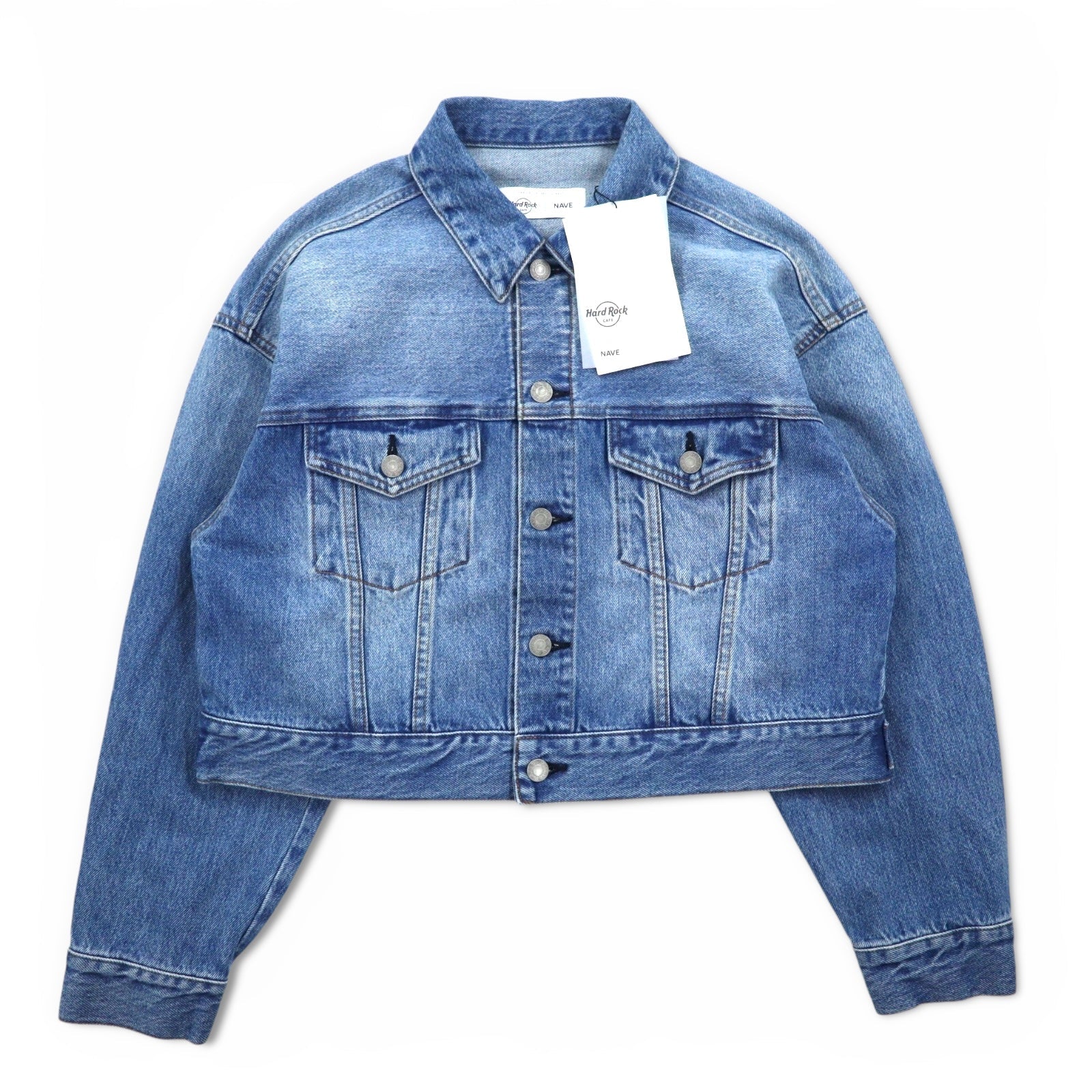 Hard Rock Cafe by NAVE Giacca di jeans crop con logo, taglia S, blu indaco, ricamo logo posteriore, Onward Kashiyama, Nuovo con etichette