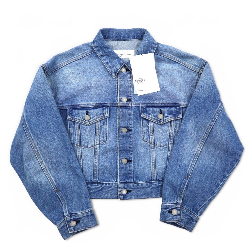 Hard Rock Cafe by NAVE Giacca di jeans crop con logo, taglia S, blu indaco, ricamo logo posteriore, Onward Kashiyama, Nuovo con etichette