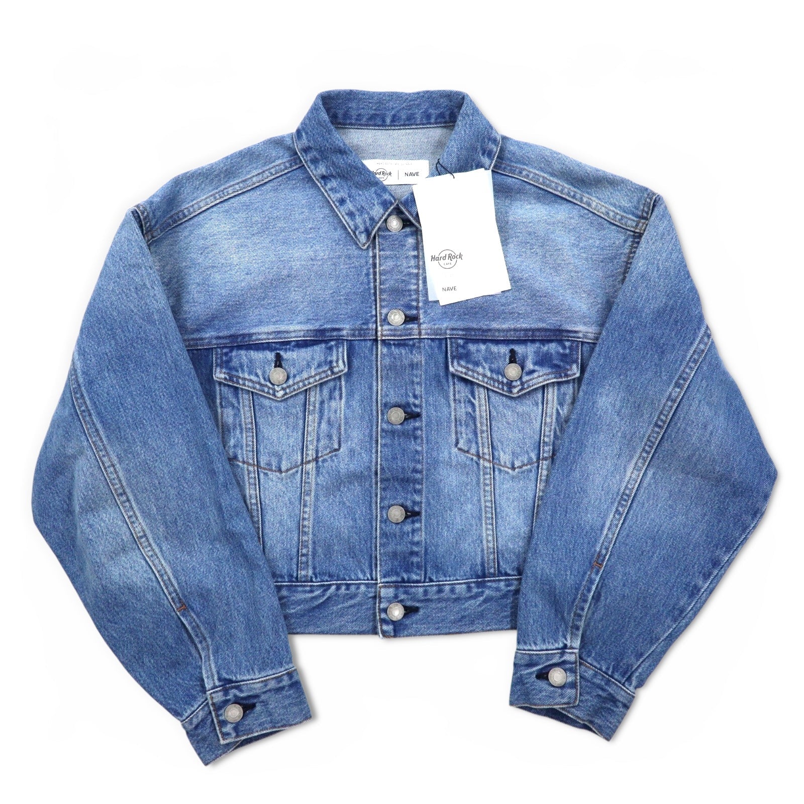 Hard Rock Cafe by NAVE Giacca di jeans crop con logo, taglia S, blu indaco, ricamo logo posteriore, Onward Kashiyama, Nuovo con etichette