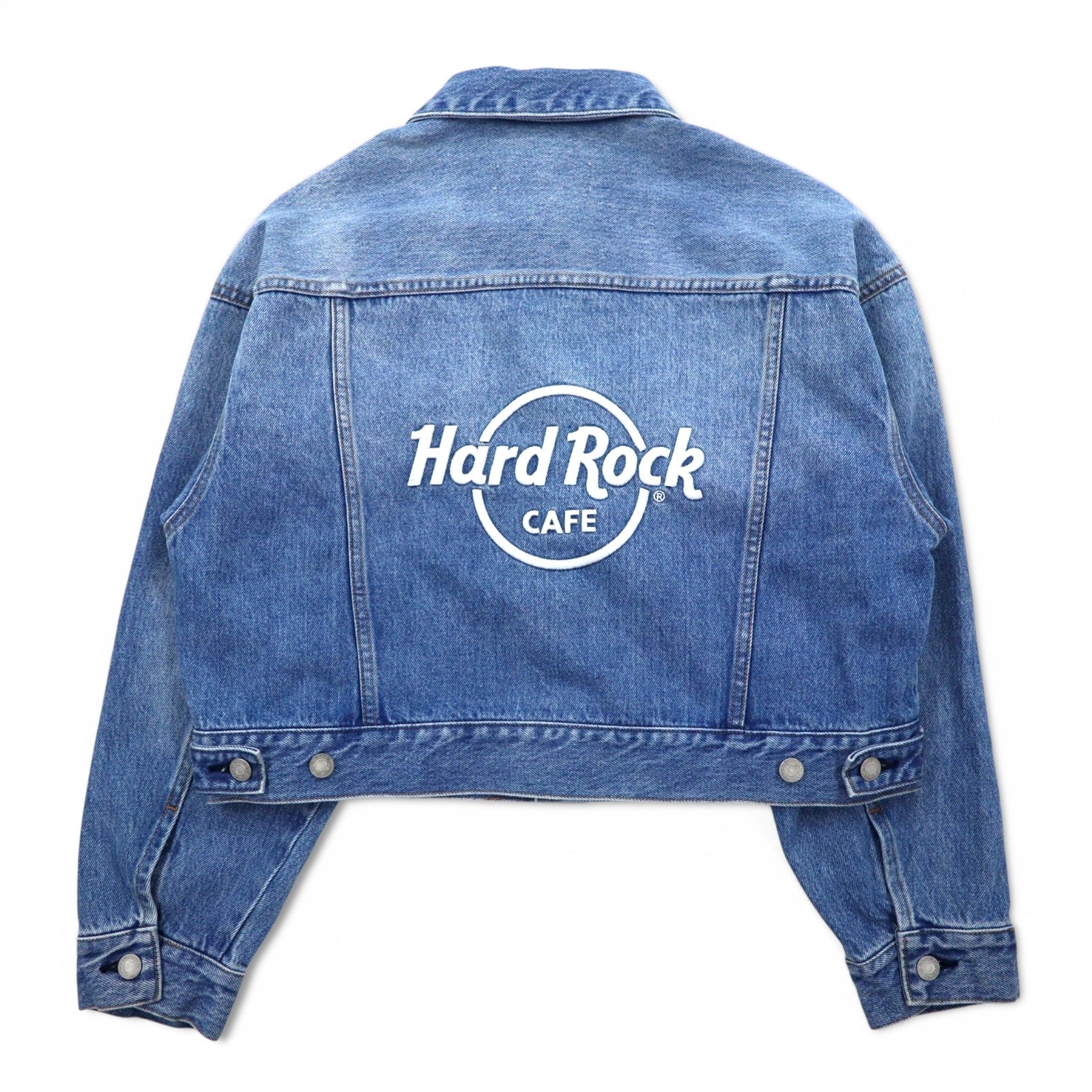 Hard Rock Cafe by NAVE Giacca di jeans crop con logo, taglia S, blu indaco, ricamo logo posteriore, Onward Kashiyama, Nuovo con etichette