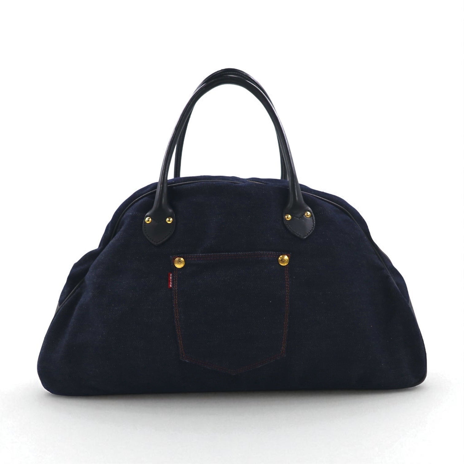 Borsa a mano/borsone in denim EVISU con manici in pelle, blu indaco scuro, con tasche
