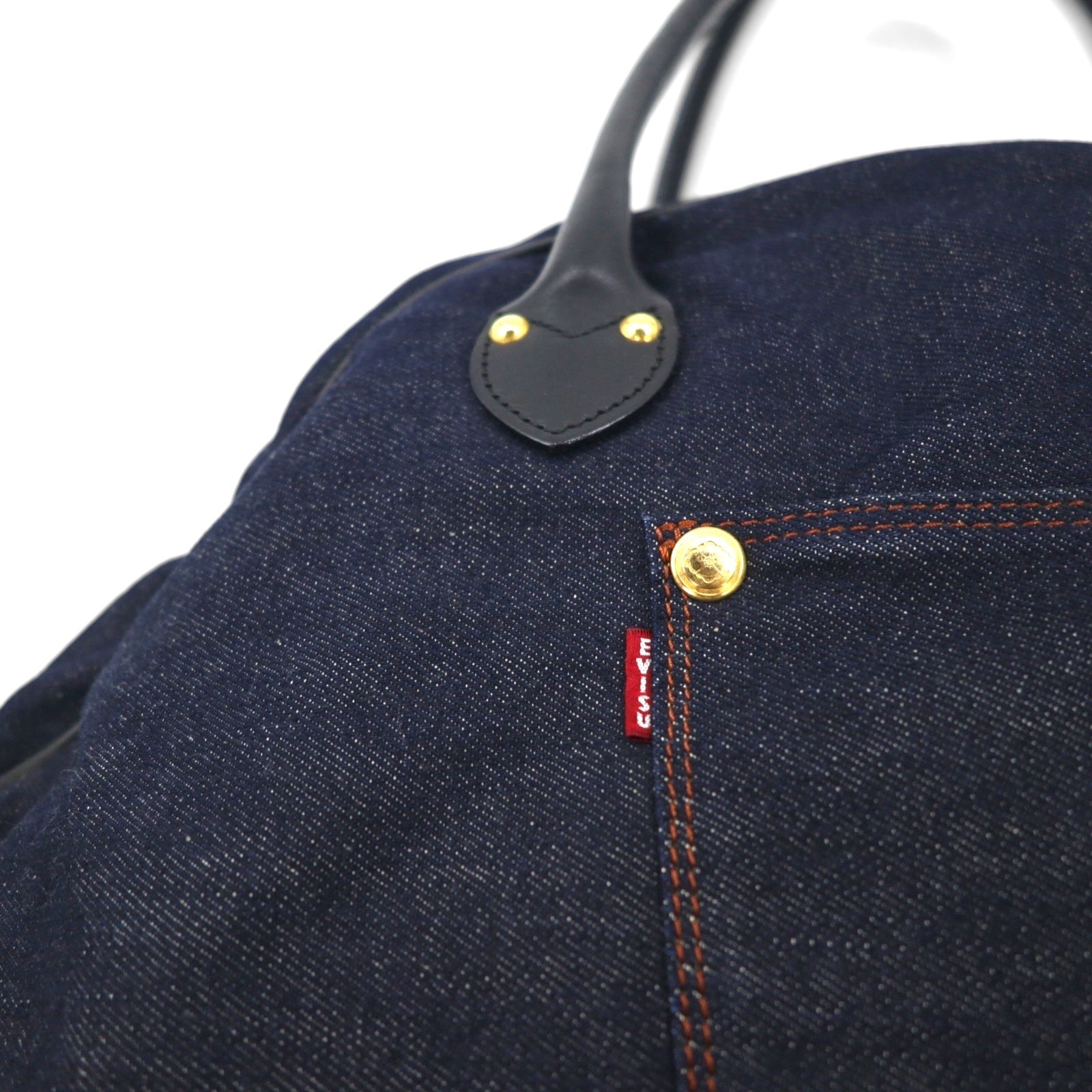 Borsa a mano/borsone in denim EVISU con manici in pelle, blu indaco scuro, con tasche