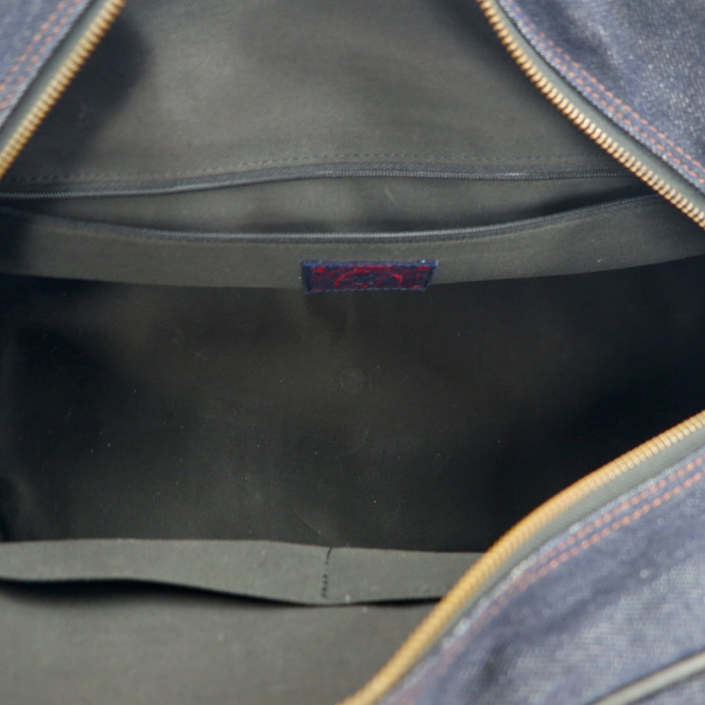 Borsa a mano/borsone in denim EVISU con manici in pelle, blu indaco scuro, con tasche