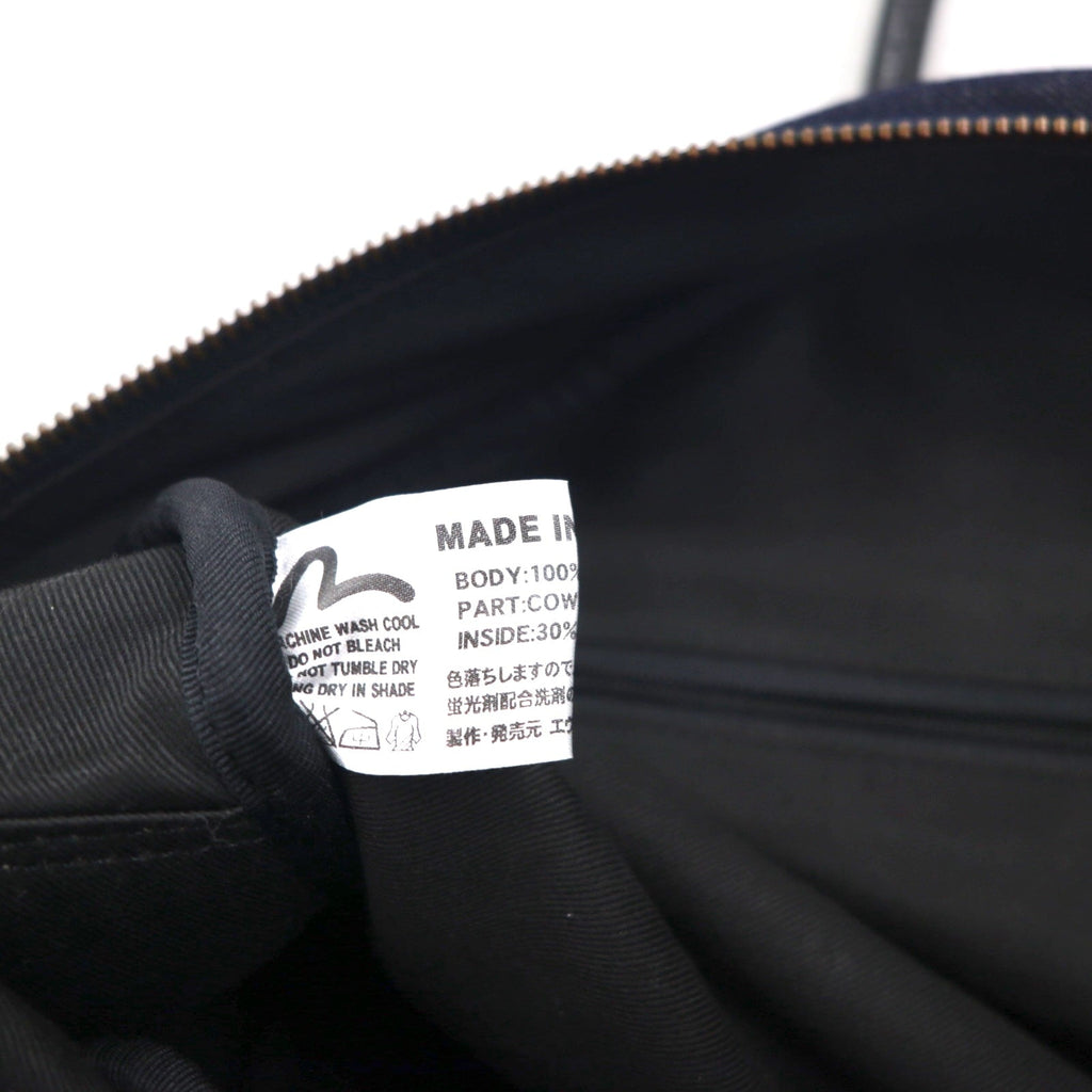 Borsa a mano/borsone in denim EVISU con manici in pelle, blu indaco scuro, con tasche