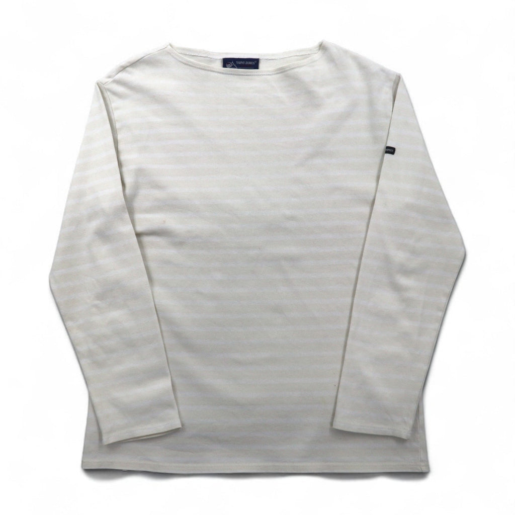 SAINT JAMES Maglietta a maniche lunghe con motivo a righe, stile basco, taglia L, colore bianco/beige, scollo a barca, fabbricata in Francia