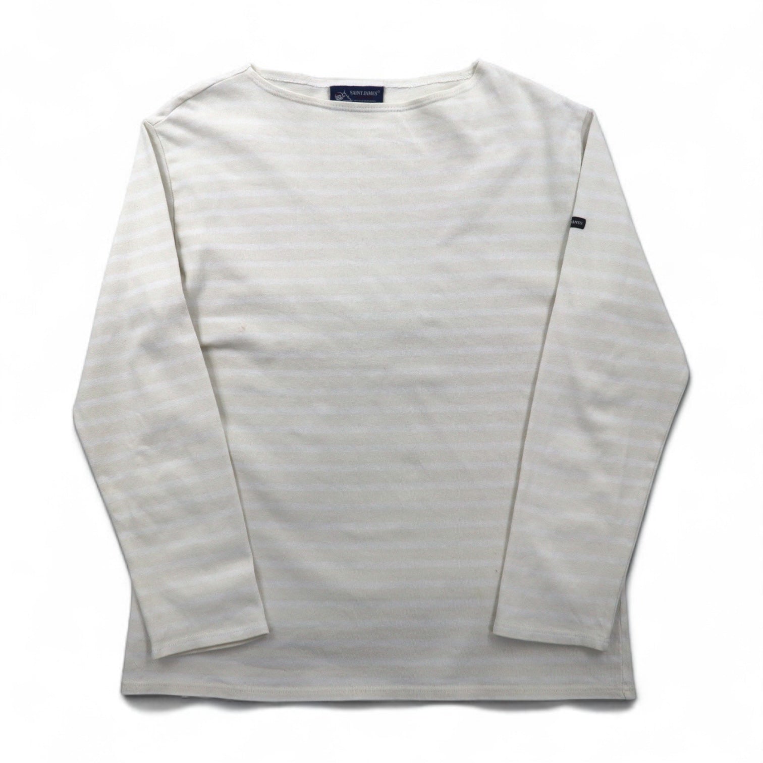 SAINT JAMES Maglietta a maniche lunghe con motivo a righe, stile basco, taglia L, colore bianco/beige, scollo a barca, fabbricata in Francia