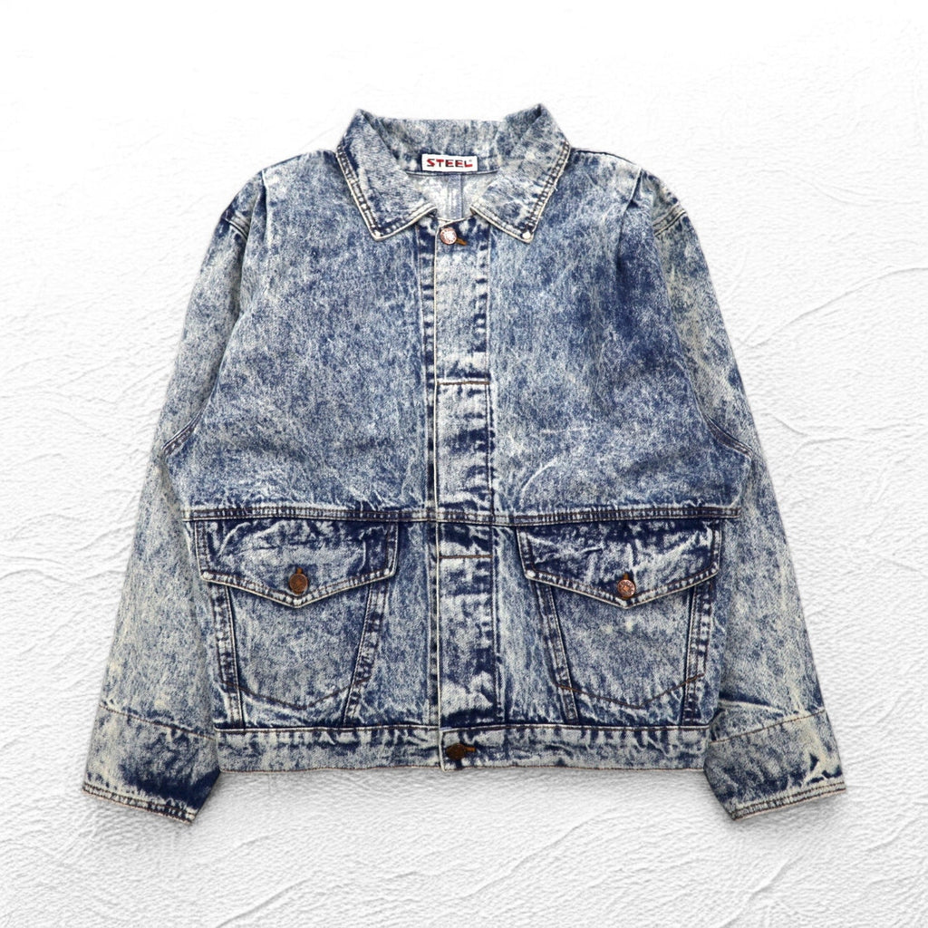 Giacca di jeans lavaggio chimico anni '90 US-made in acciaio L blu con cinghia posteriore