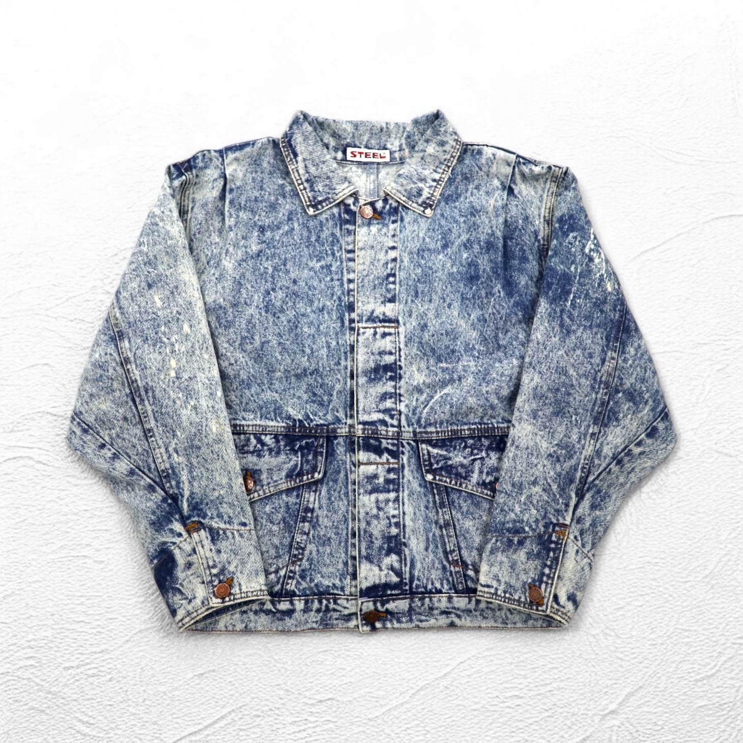 Giacca di jeans lavaggio chimico anni '90 US-made in acciaio L blu con cinghia posteriore