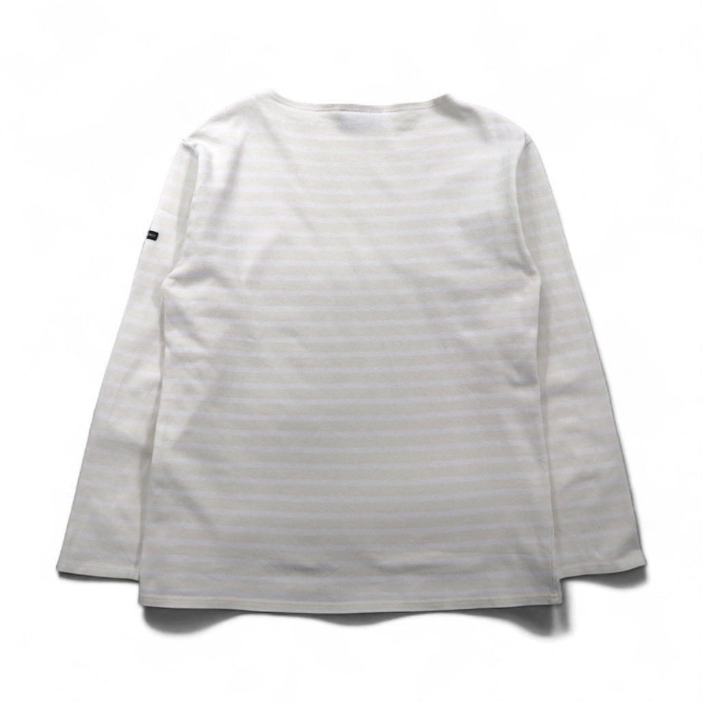 SAINT JAMES Maglietta a maniche lunghe con motivo a righe, stile basco, taglia L, colore bianco/beige, scollo a barca, fabbricata in Francia
