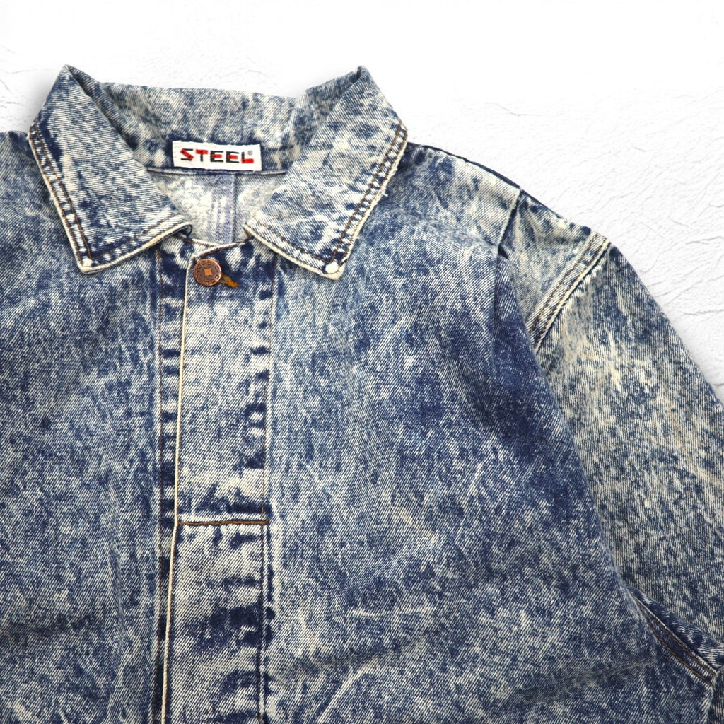 Giacca di jeans lavaggio chimico anni '90 US-made in acciaio L blu con cinghia posteriore