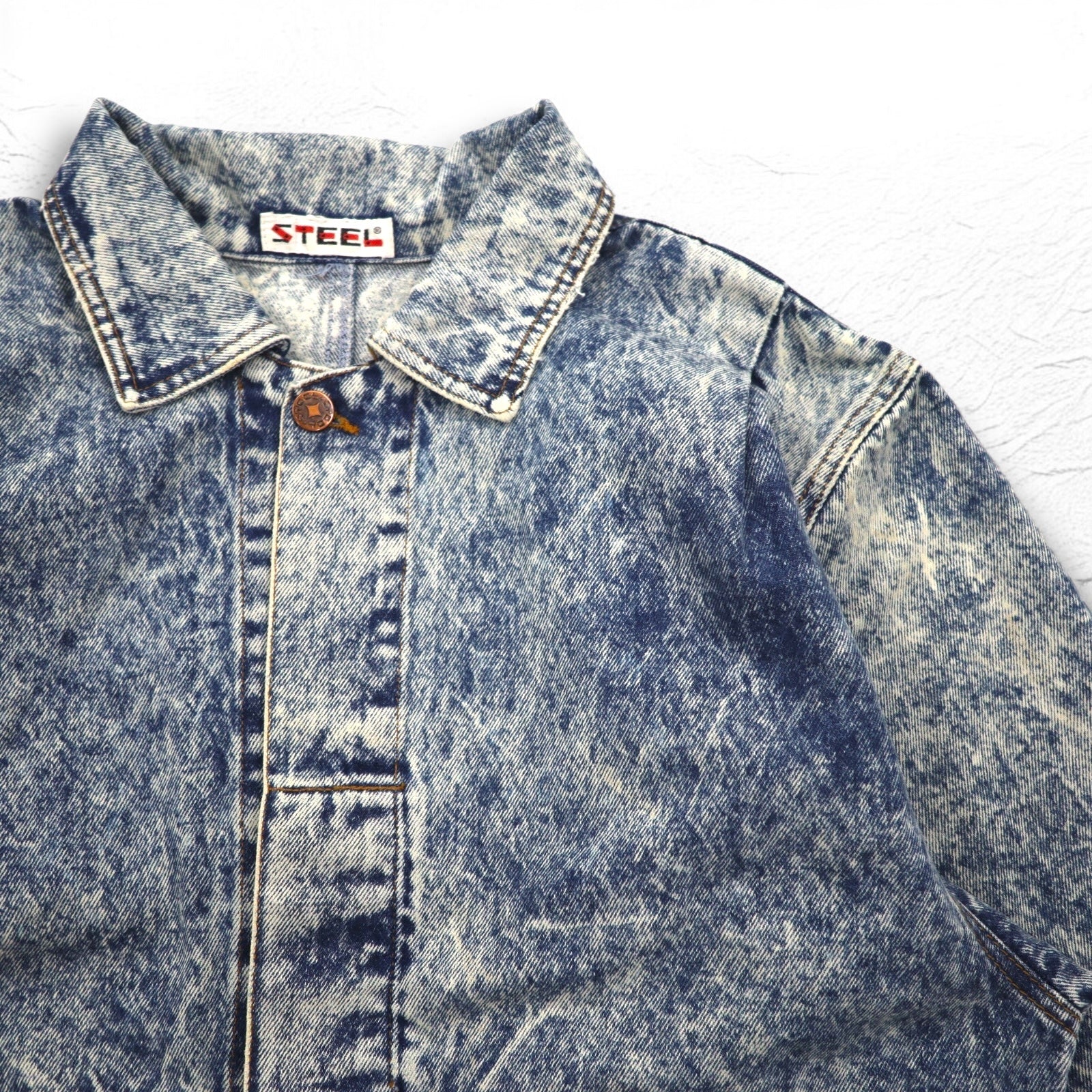 Giacca di jeans lavaggio chimico anni '90 US-made in acciaio L blu con cinghia posteriore