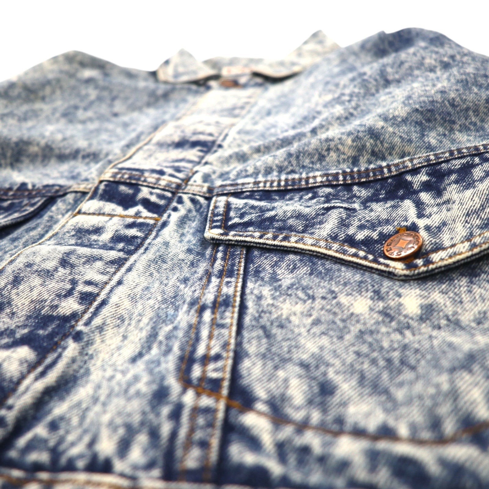 Giacca di jeans lavaggio chimico anni '90 US-made in acciaio L blu con cinghia posteriore