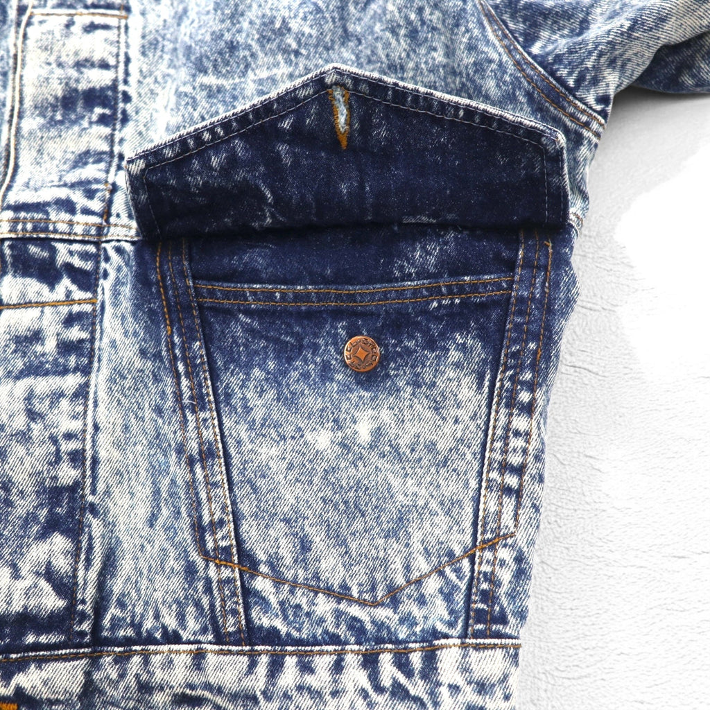 Giacca di jeans lavaggio chimico anni '90 US-made in acciaio L blu con cinghia posteriore