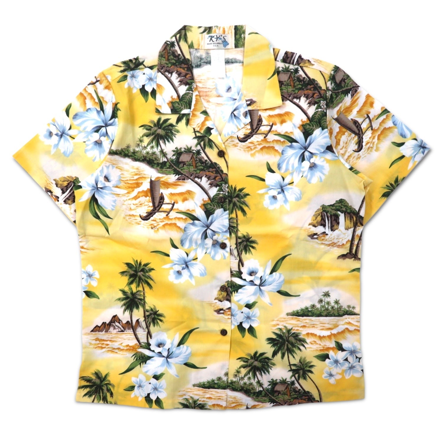 Camicia Aloha KY'S scollo aperto taglia S giallo cotone motivo ibisco hawaiano (USA)