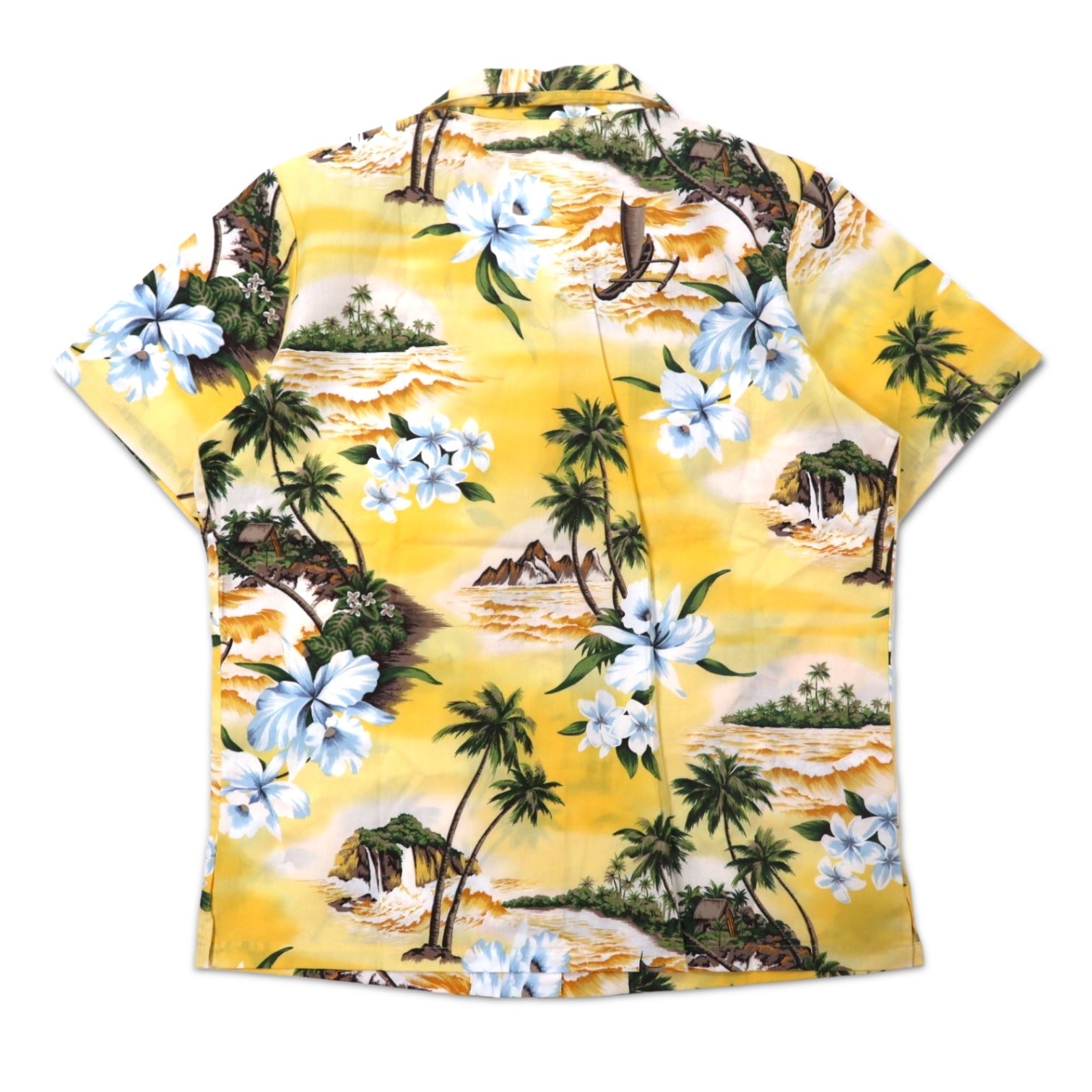 Camicia Aloha KY'S scollo aperto taglia S giallo cotone motivo ibisco hawaiano (USA)